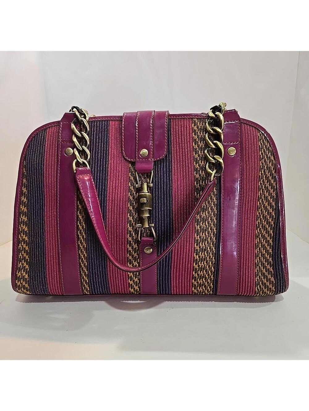 Eric Javits Pink, Purple and Brown Striped Shoulder Bag leather and woven